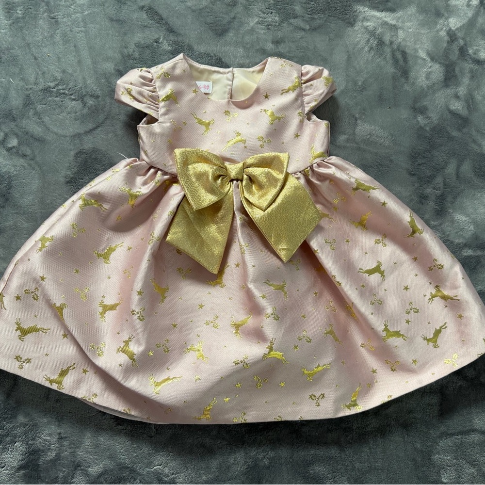 Pink Dress with Gold Bow and Unicorn Print